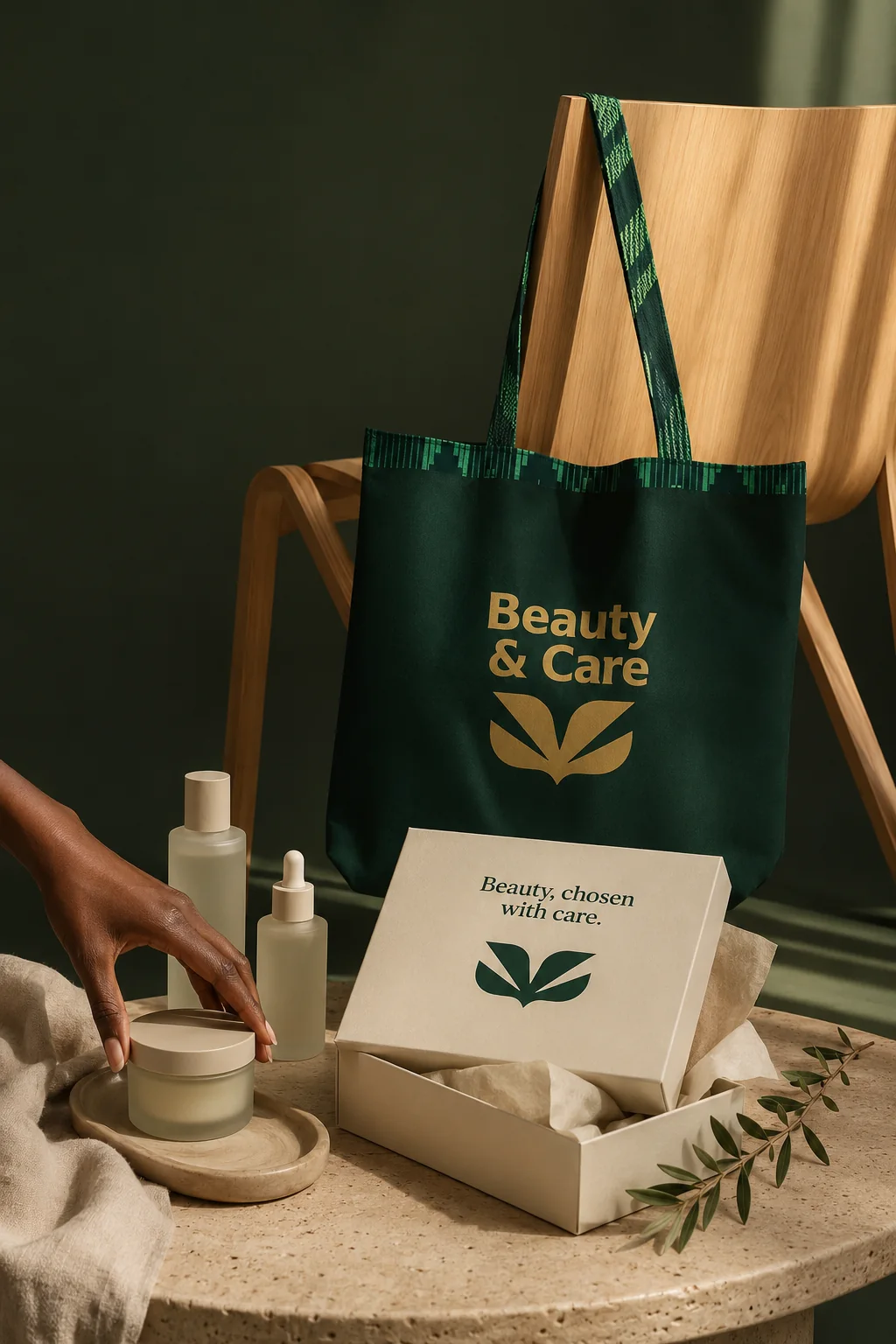 Beauty and Care tote bag, product box and printed materials